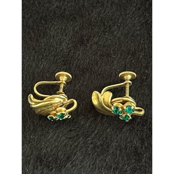 Vintage Gold-Tone Screw Back Earrings W/ Green Rhinestone & Swirl Design - Picture 2 of 4